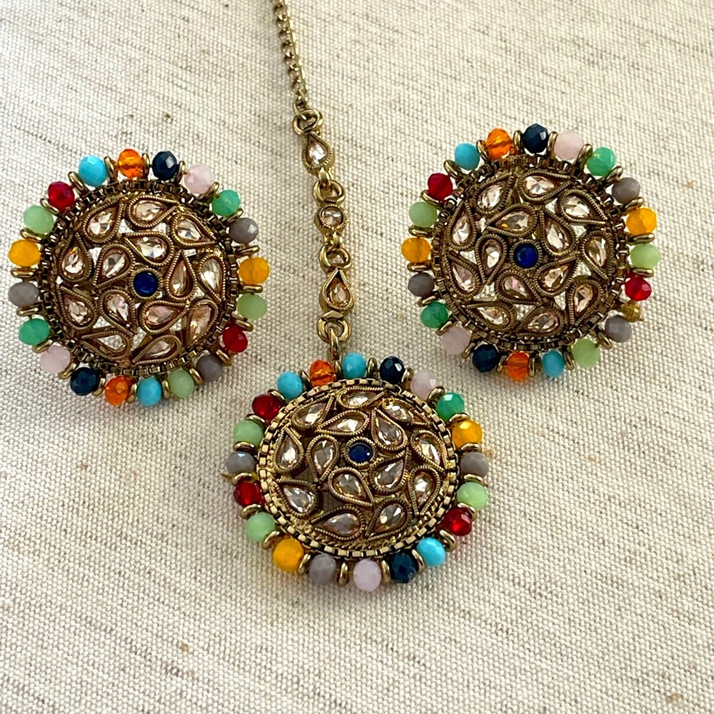 Multicolor Indian Polki Earrings with Maang Tihka